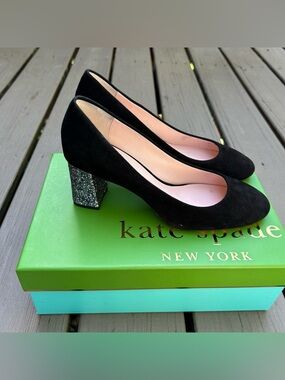 Kate Spade Dolores Black Suede Glitter Block Heel Dress Shoes Women’s Size 8.5